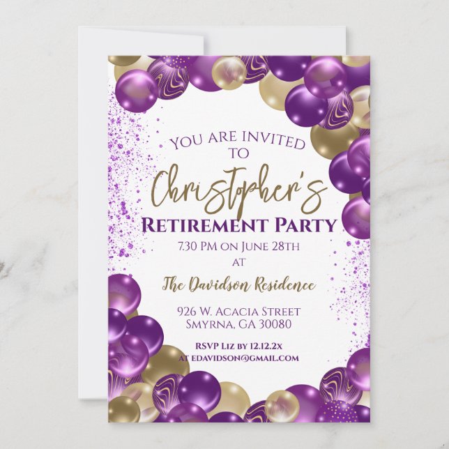 Retirement Party Purple Gold Balloons Invitation (Front)
