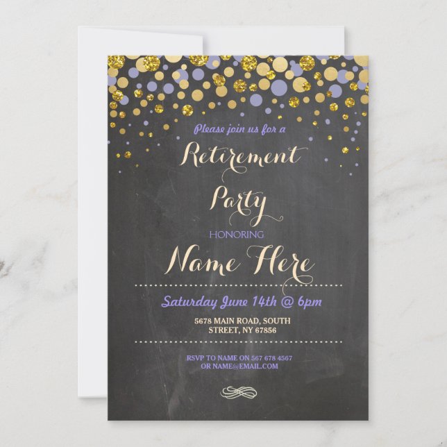 Retirement Party Purple Gold Chalk Retired Invite (Front)