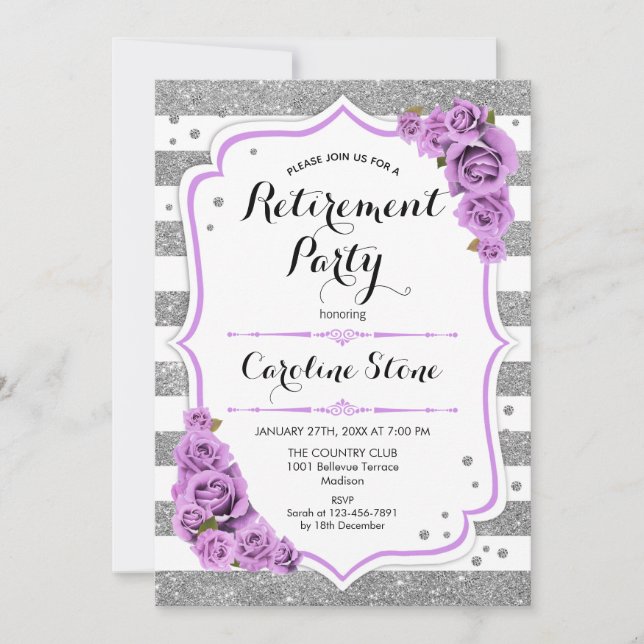 Retirement Party - Purple Silver White Stripes Invitation (Front)