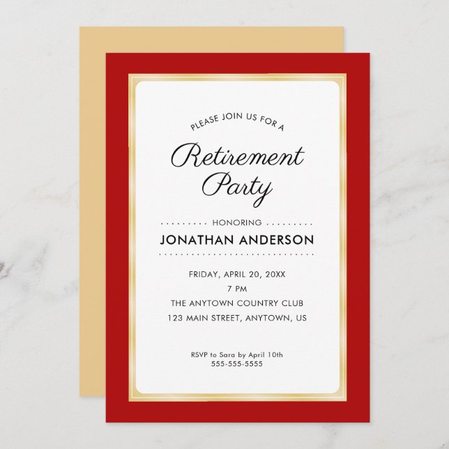 Retirement Party | Red and Gold Invitation (Front/Back)