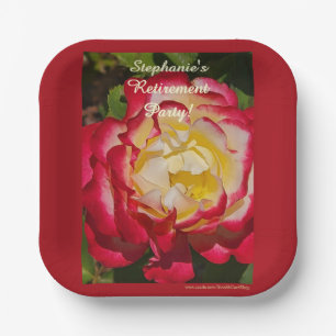 Retirement Party Red and Gold Rose Floral Macro Paper Plate