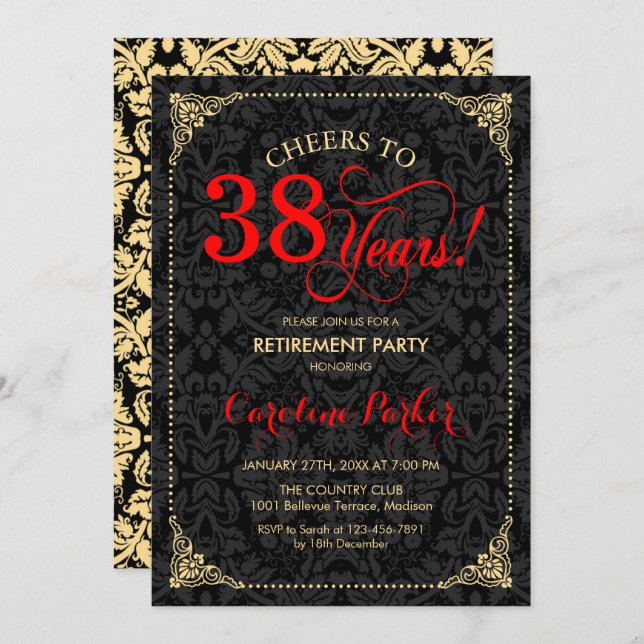 Retirement Party - Red Gold Black Damask Invitation (Front/Back)