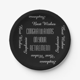 Retirement Party Repeating Names Black and White Paper Plate
