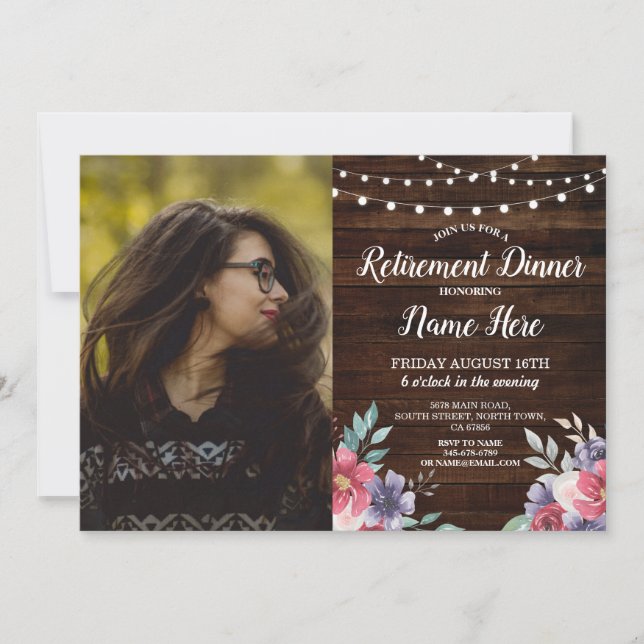 Retirement Party Retired Wood Pink Flowers Photo Invitation (Front)