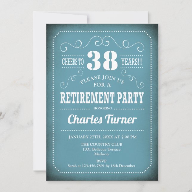 Retirement Party - Retro Blue White Invitation (Front)