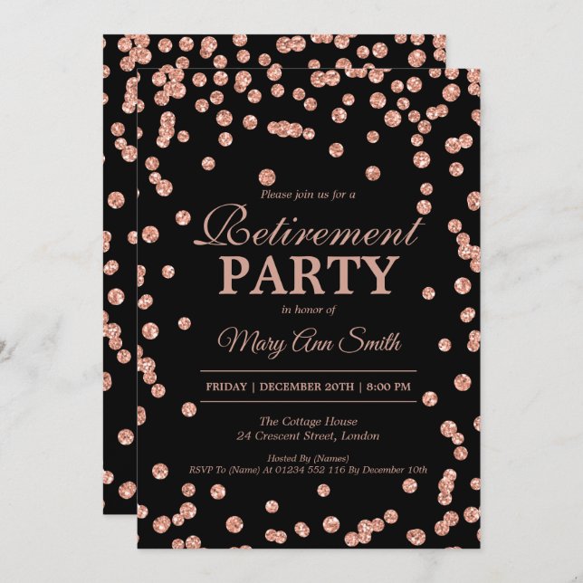 Retirement Party Rose Gold Glitter Confetti Invitation (Front/Back)