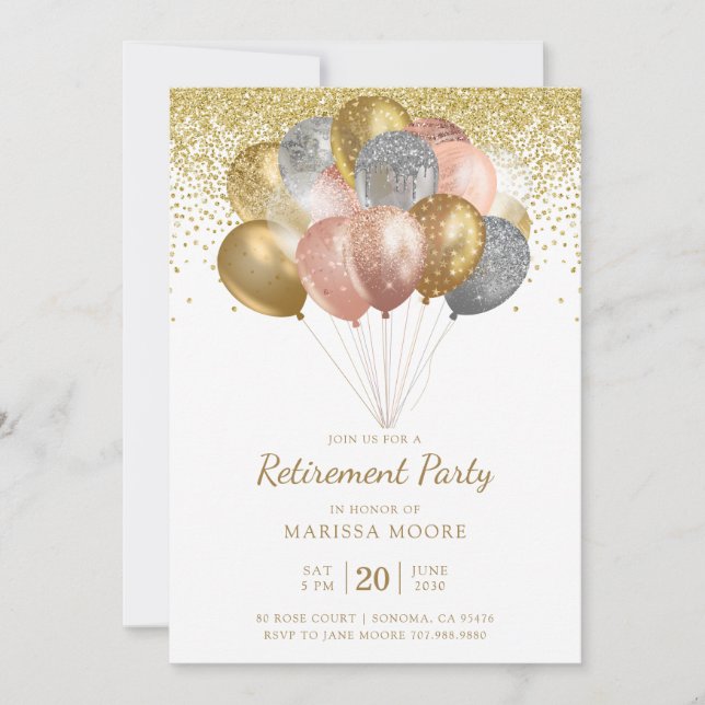 Retirement Party Rose Gold Silver Gold Balloons Invitation (Front)