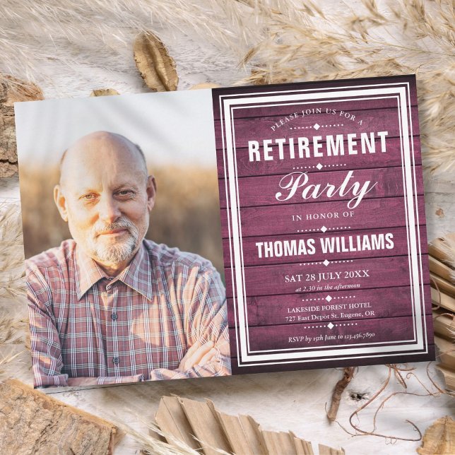 Retirement Party Rustic Burgundy Wood Photo Invitation (Retirement Party Rustic Burgundy Wood Photo Invitation)