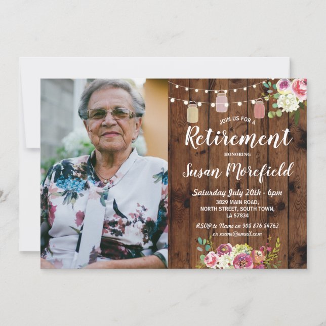 Retirement Party Rustic Jars Wood Floral Photo Invitation (Front)