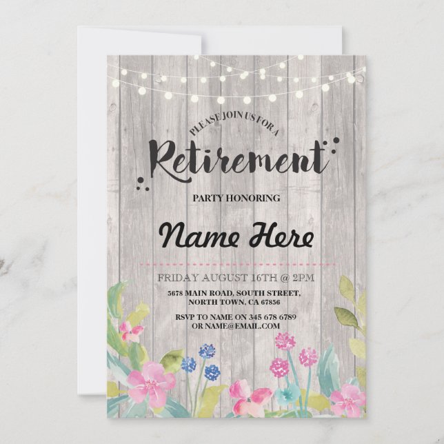 Retirement Party Rustic Retired Wood Floral Invite (Front)