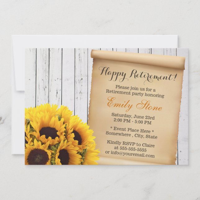 Retirement Party Rustic Sunflowers White Barn Wood Invitation (Front)
