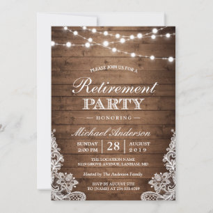 Retirement Party   Rustic Wood String Lights Lace Invitation