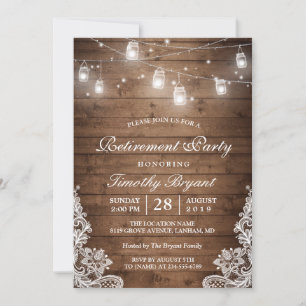 Retirement Party   Rustic Wood String Lights Lace Invitation