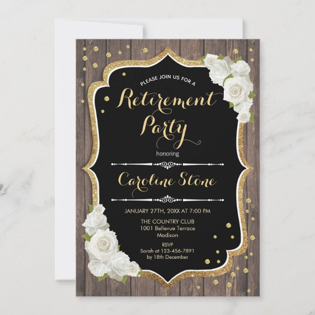 Retirement Party - Rustic Wood White Roses Invitation (Front)
