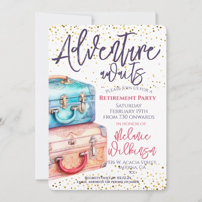 Retirement Party Suitcase Adventure Awaits Invitation (Front)