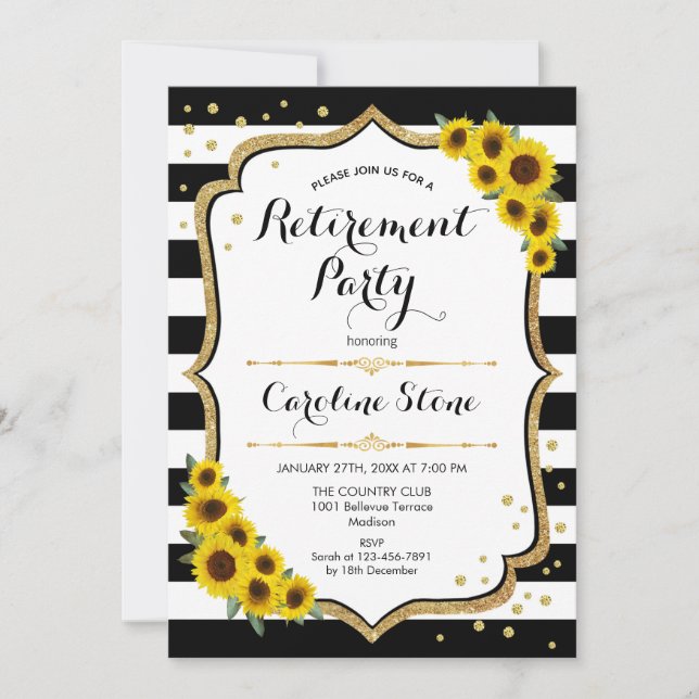 Retirement Party - Sunflowers Black White Stripes Invitation (Front)