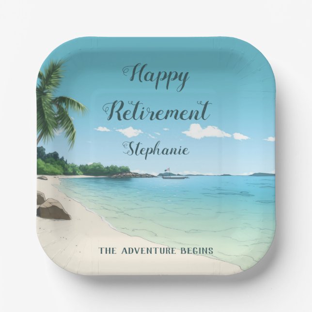 Retirement Party Tropical Beach Palm Trees Paper Plate (Front)