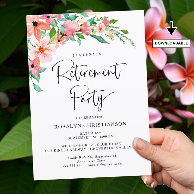 Retirement Party Tropical Floral Modern Script (Creator Uploaded)