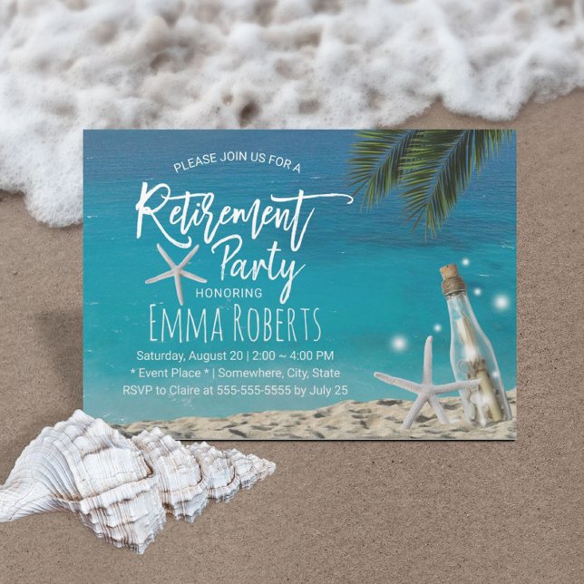 Retirement Party Tropical Starfish Beach Bottle Invitation (Creator Uploaded)