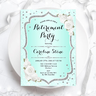 Retirement Party - Turquoise Silver White Roses Invitation