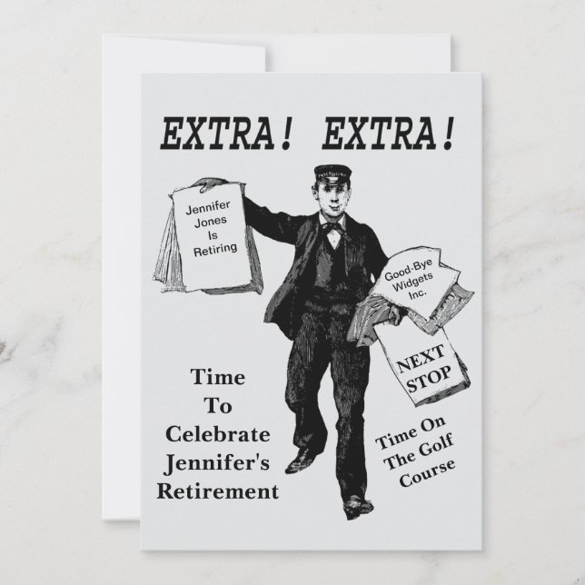 Retirement Party VIntage Newspaper Extra Extra Invitation (Front)