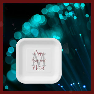 Retirement Party White Grey Burgundy Name Monogram Paper Plate