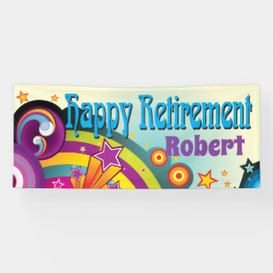 Retirement party with retro 70s hippie art banner