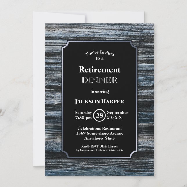 Retirement Party Wood Silver Border Invitation (Front)