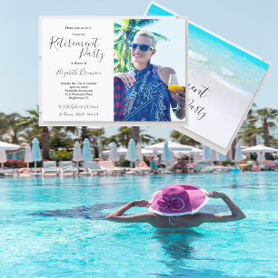 Retirement Photo Beach Blue Modern Typography Invitation