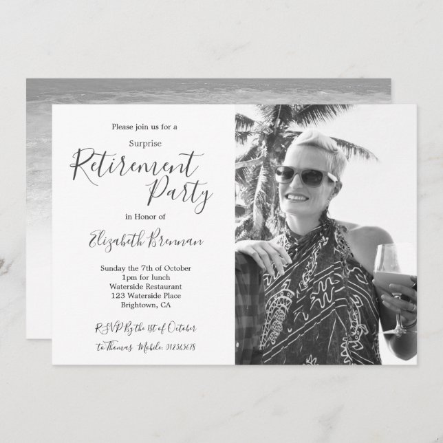 Retirement Photo Black and White Beach Modern Invitation (Front/Back)