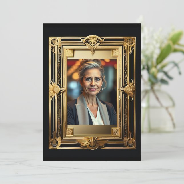 Retirement photo black gold farewell retro party invitation (Standing Front)