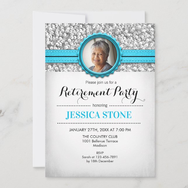 Retirement Photo - Turquoise Blue Silver White Invitation (Front)