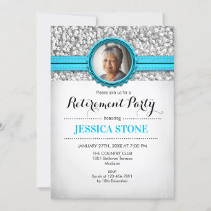 Retirement Photo - Turquoise Blue Silver White Invitation