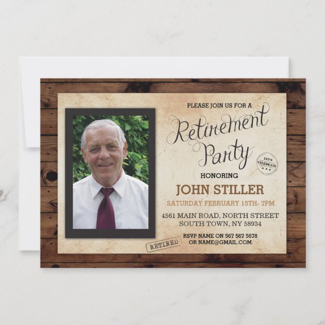 Retirement Photo Wood Rustic Party Invitation (Front)