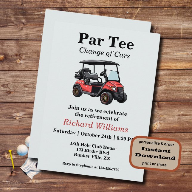 Retirement Red Golf Cart Par Tee Themed Invitation (Creator Uploaded)