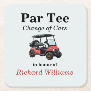 Retirement Red Golf Cart Par Tee Themed Square Paper Coaster