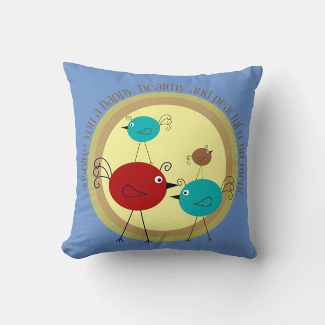 Retirement Retro Birds Design Blue Cushion (Front)