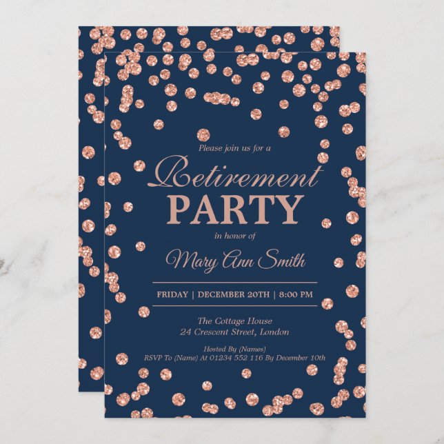 Retirement Rose Gold Navy Glitter Confetti Invitation (Front/Back)
