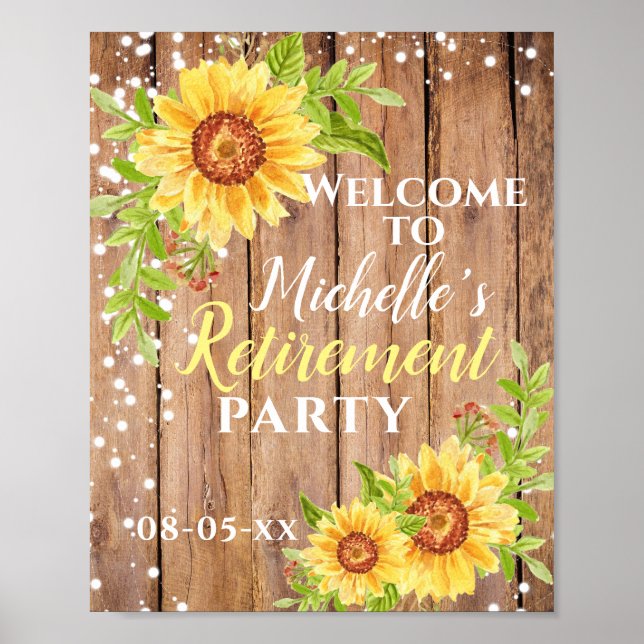 Retirement Rustic Floral Sunflower Party Welcome  Poster (Front)