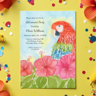 Retirement Scarlet Macaws and Pink Hibiscus Invitation