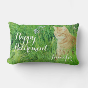 Retirement sleeping ginger cat in a meadow card lumbar cushion