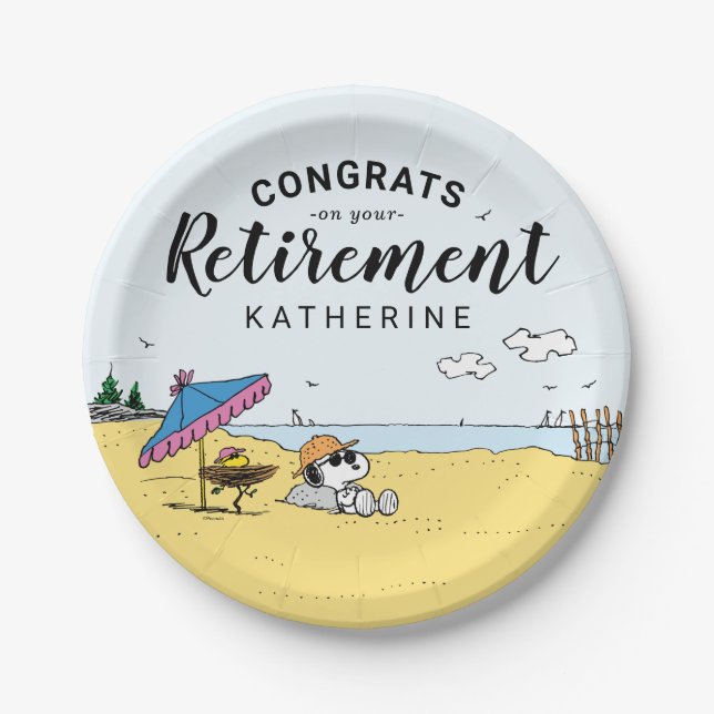 Retirement | Snoopy & Woodstock on the Beach Paper Plate (Front)