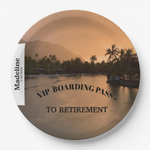 Retirement Sunset Beach Boarding Pass Destination Paper Plate