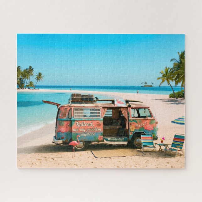 Retirement Themed Van on Tropical Beach Jigsaw Puzzle (Horizontal)