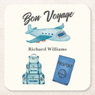 Retirement Travel Adventure Bon Voyage Plane Square Paper Coaster