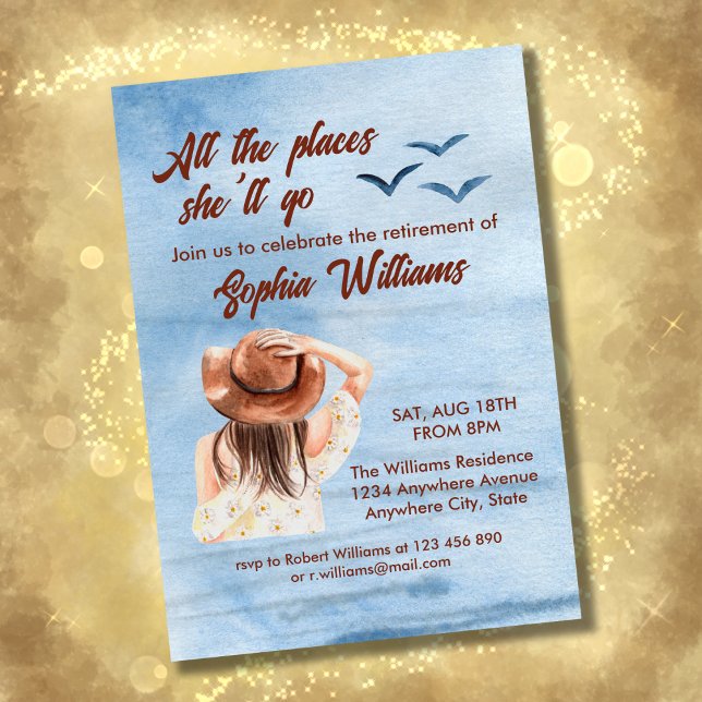 retirement travel all the places woman watercolor  invitation (Creator Uploaded)