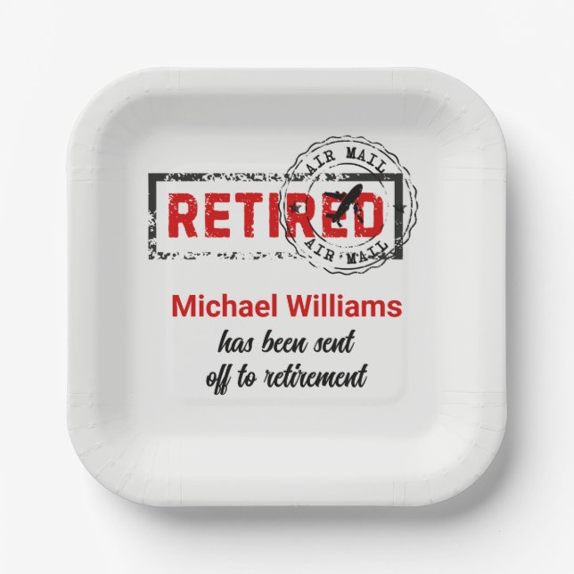 Retirement Travel Post Stamp Grunge Paper Plate (Front)