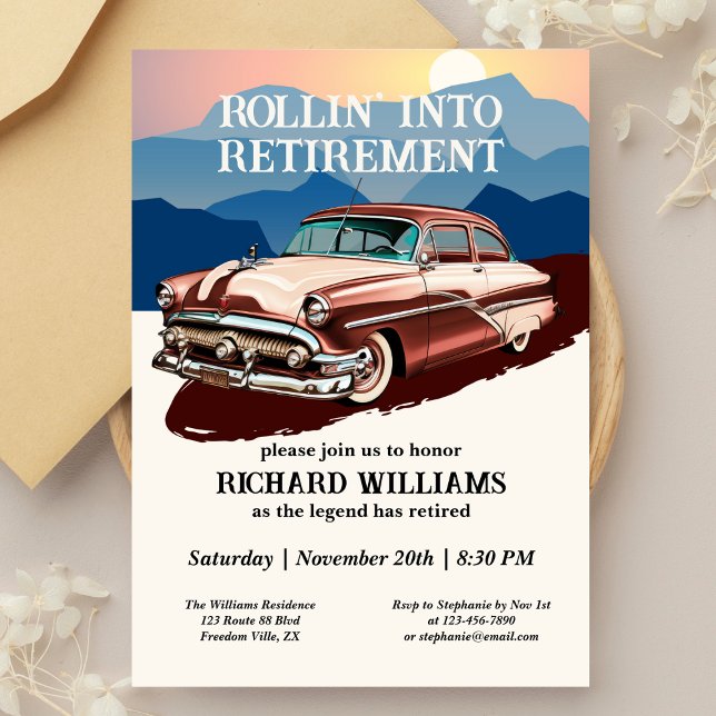 Retirement Travel Retro Classic Car Theme  Invitation (Creator Uploaded)
