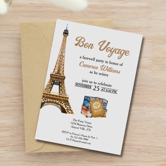 Retirement Travel Theme Bon Voyage Eifel Tower Invitation (Creator Uploaded)