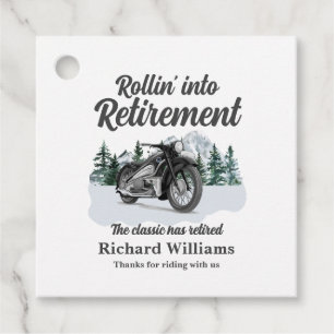 Retirement Travel Theme Classic Motorbike Rolling Favour Tags